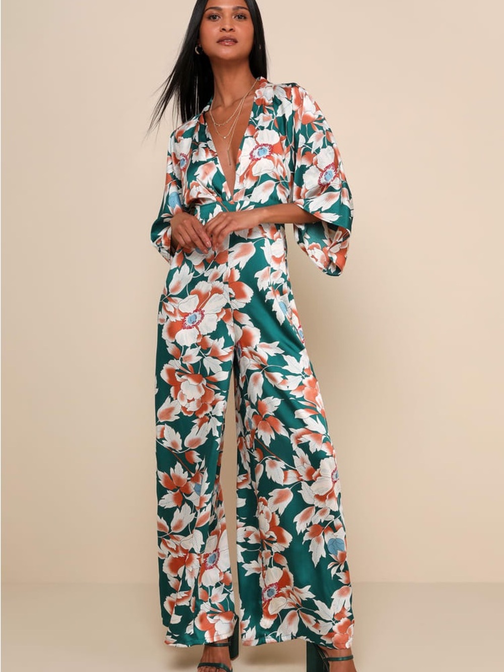 Lulu's From Sunrise Teal Floral Print Wide-Leg Jumpsuit Medium